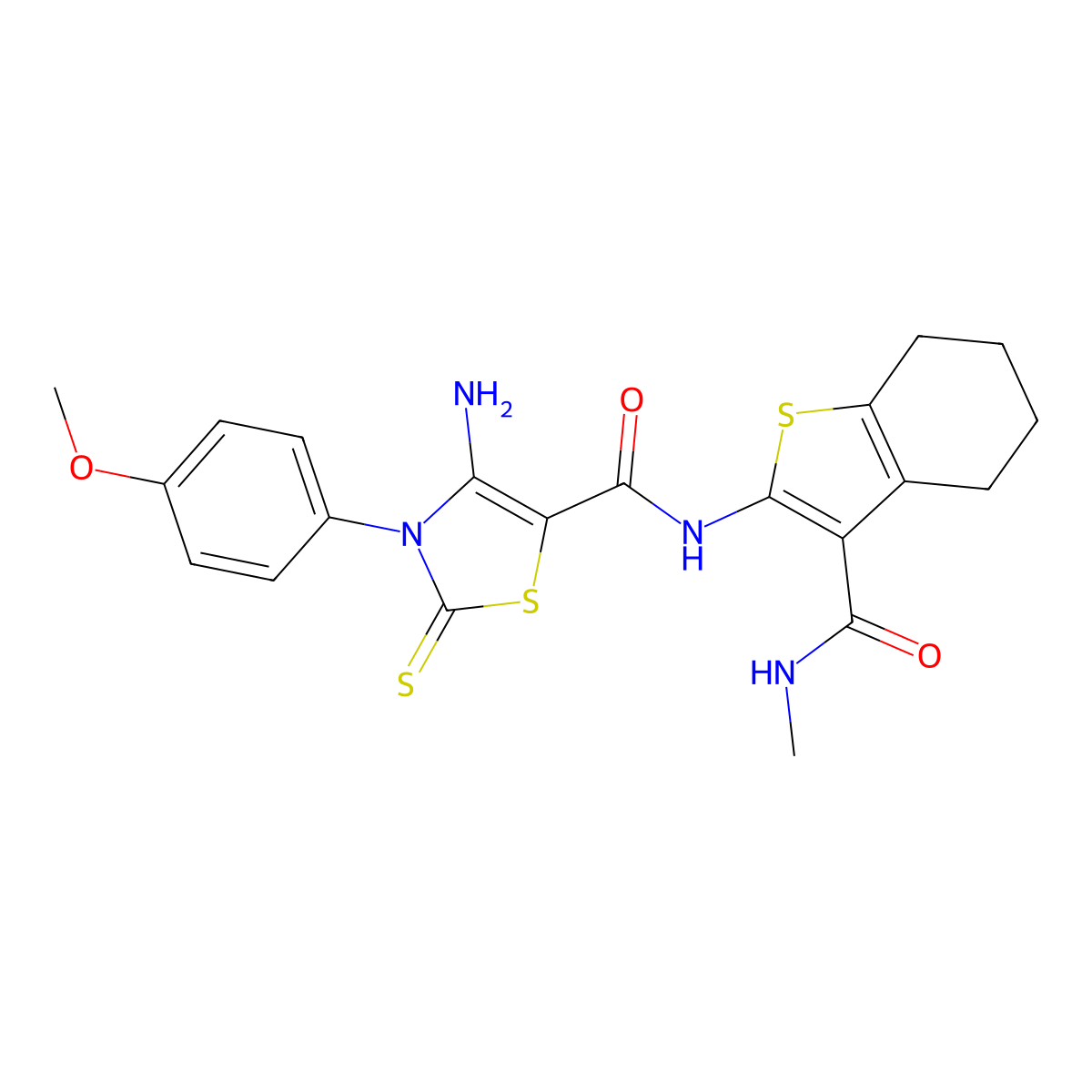 4-amino-3-(4-methoxyphenyl)-N-[3-(methylcarbamoyl)-4,5,6,7-tetrahydro-1-benzothiophen-2-yl]-2-thioxo-2,3-dihydro-1,3-thiazole-5-carboxamide molecular structure, CAS 850235-96-0