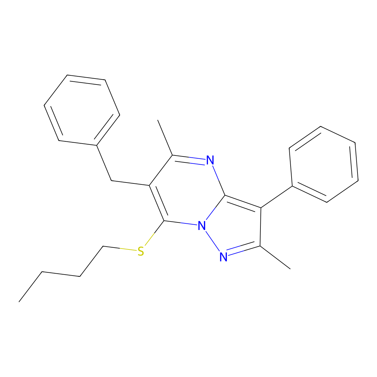 6-Benzyl-7-(butylsulfanyl)-2,5-dimethyl-3-phenylpyrazolo[1,5-a]pyrimidine molecular structure, CAS 850237-14-8
