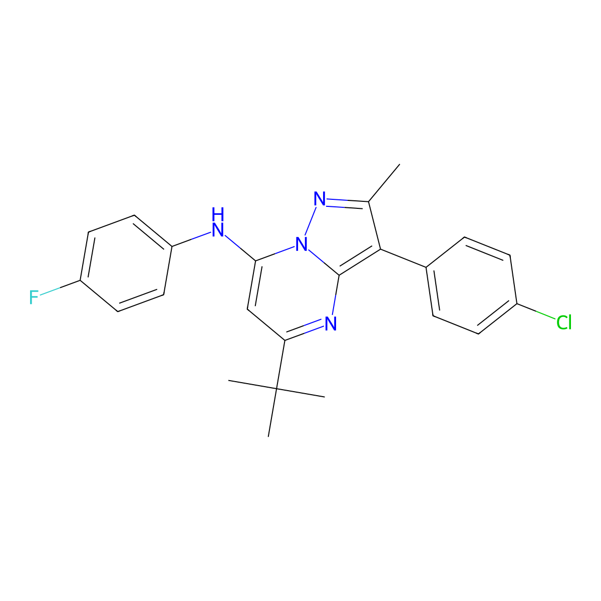 5-tert-butyl-3-(4-chlorophenyl)-N-(4-fluorophenyl)-2-methylpyrazolo[1,5-a]pyrimidin-7-amine molecular structure, CAS 850242-46-5