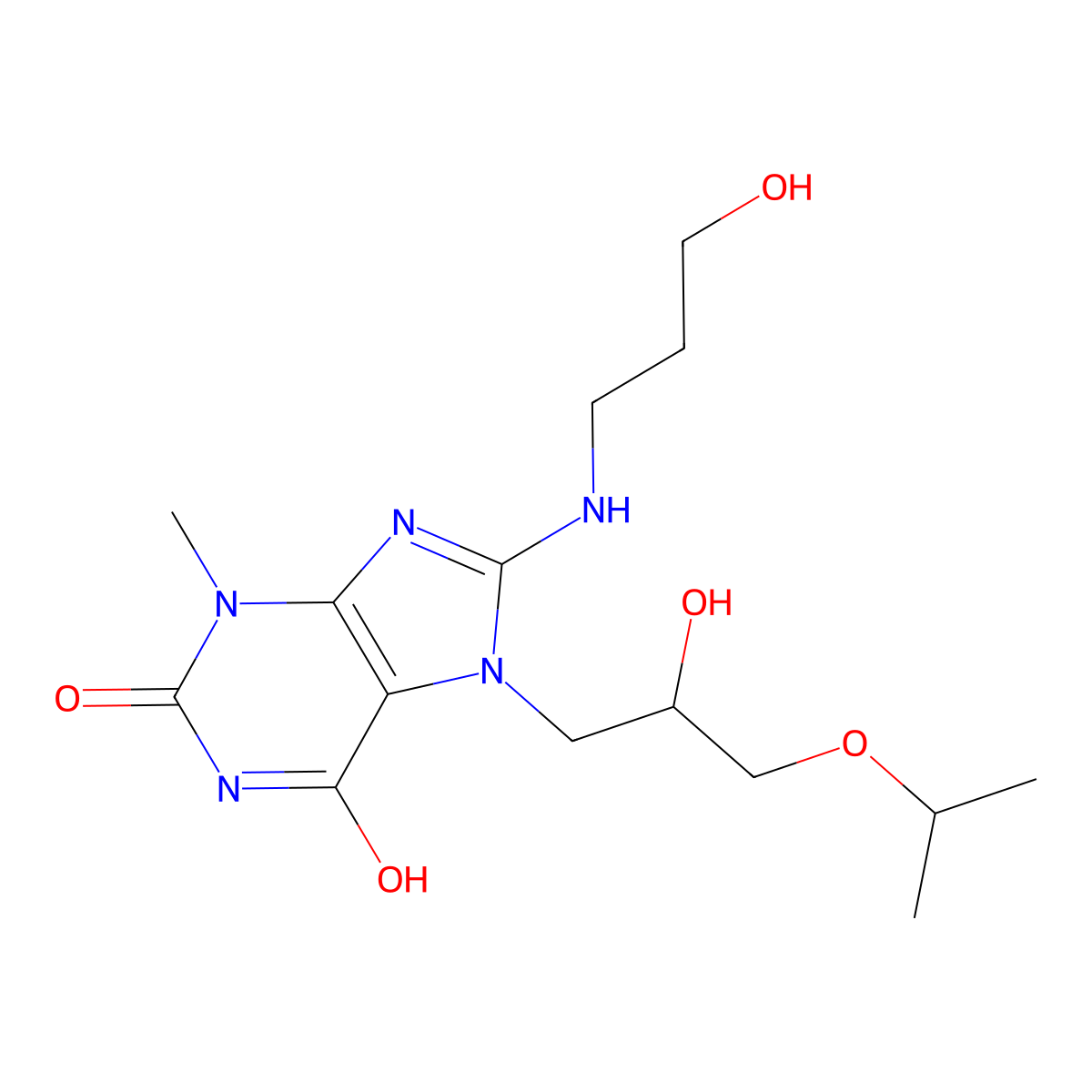 7-(2-hydroxy-3-isopropoxypropyl)-8-((3-hydroxypropyl)amino)-3-methyl-1H-purine-2,6(3H,7H)-dione molecular structure, CAS 850242-47-6