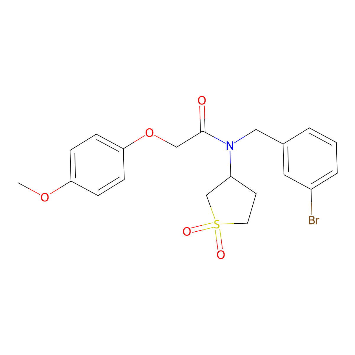 N-[(3-bromophenyl)methyl]-N-(1,1-dioxothiolan-3-yl)-2-(4-methoxyphenoxy)acetamide molecular structure, CAS 850242-59-0