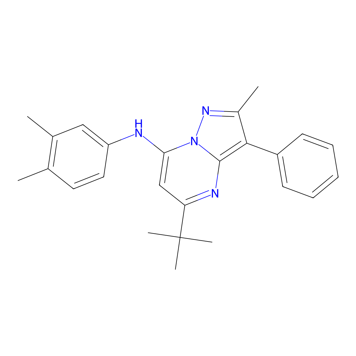 5-tert-butyl-N-(3,4-dimethylphenyl)-2-methyl-3-phenylpyrazolo[1,5-a]pyrimidin-7-amine molecular structure, CAS 850242-73-8