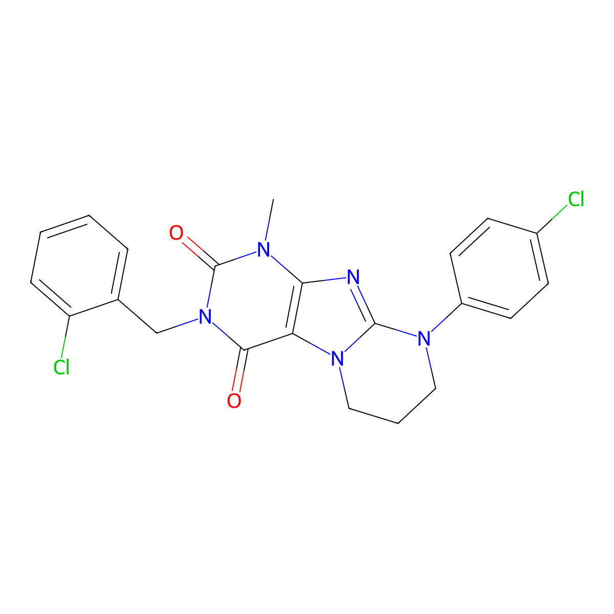 9-(4-chlorophenyl)-3-[(2-chlorophenyl)methyl]-1-methyl-7,8-dihydro-6H-purino[7,8-a]pyrimidine-2,4-dione molecular structure, CAS 850242-82-9