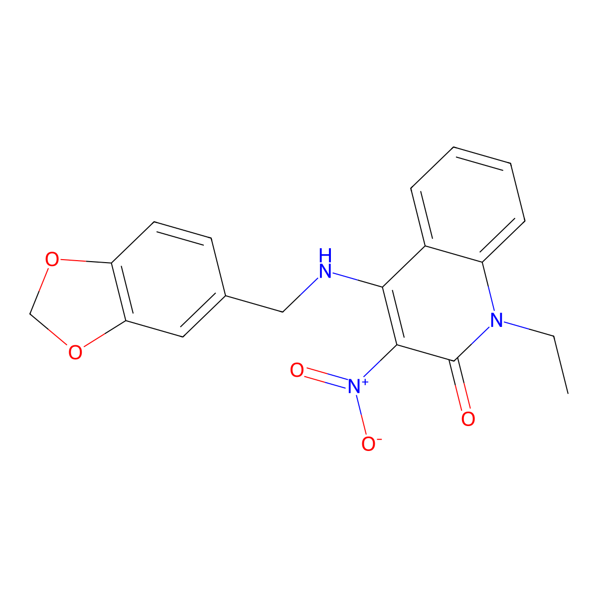 4-((benzo[d][1,3]dioxol-5-ylmethyl)amino)-1-ethyl-3-nitroquinolin-2(1H)-one molecular structure, CAS 850243-00-4