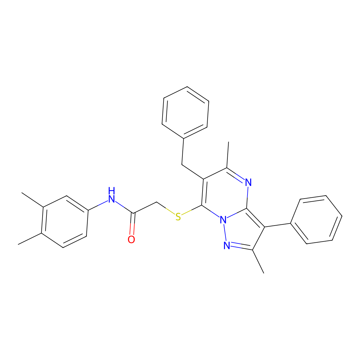 2-[(6-benzyl-2,5-dimethyl-3-phenylpyrazolo[1,5-a]pyrimidin-7-yl)sulfanyl]-N-(3,4-dimethylphenyl)acetamide molecular structure, CAS 850243-13-9
