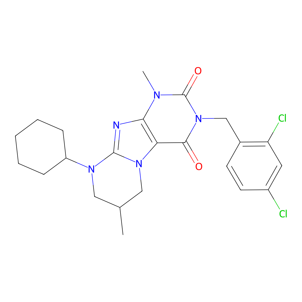 9-cyclohexyl-3-[(2,4-dichlorophenyl)methyl]-1,7-dimethyl-7,8-dihydro-6H-purino[7,8-a]pyrimidine-2,4-dione molecular structure, CAS 850243-25-3