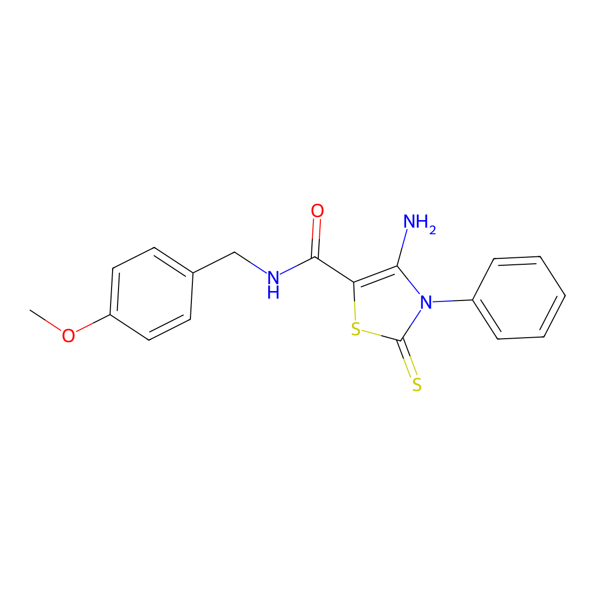 4-Amino-3-phenyl-2-thioxo-2,3-dihydro-thiazole-5-carboxylic acid 4-methoxy-benzylamide molecular structure, CAS 850243-39-9