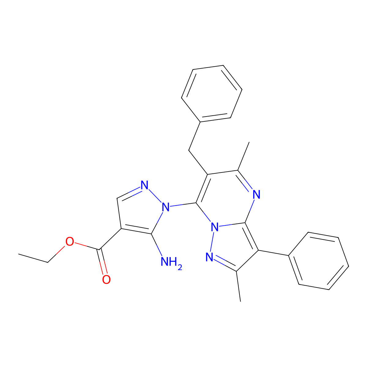 Ethyl 5-amino-1-(6-benzyl-2,5-dimethyl-3-phenylpyrazolo[1,5-a]pyrimidin-7-yl)pyrazole-4-carboxylate molecular structure, CAS 850243-75-3