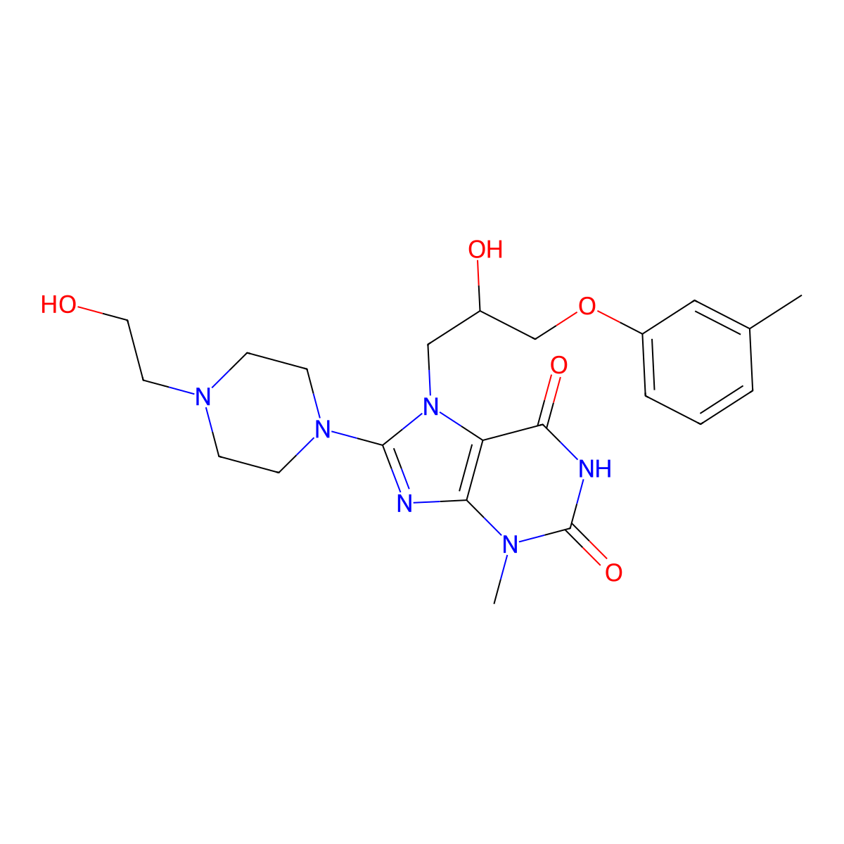 7-(2-hydroxy-3-(m-tolyloxy)propyl)-8-(4-(2-hydroxyethyl)piperazin-1-yl)-3-methyl-1H-purine-2,6(3H,7H)-dione molecular structure, CAS 850243-81-1