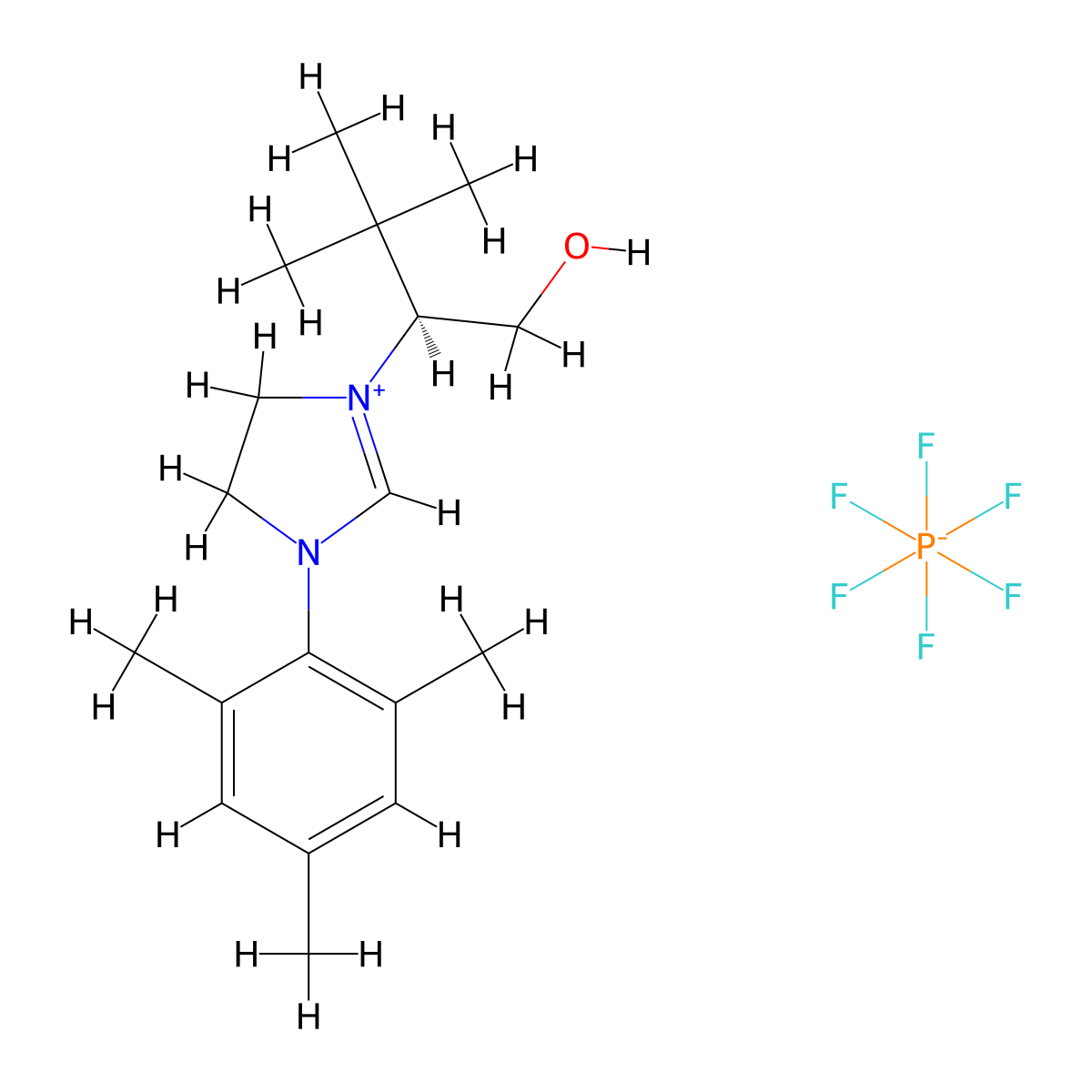 (S)-1-(1-Hydroxy-3,3-dimethylbutan-2-yl)-3-mesityl-4,5-dihydro-1H-imidazol-3-ium hexafluorophosphate(V) molecular structure, CAS 850469-04-4