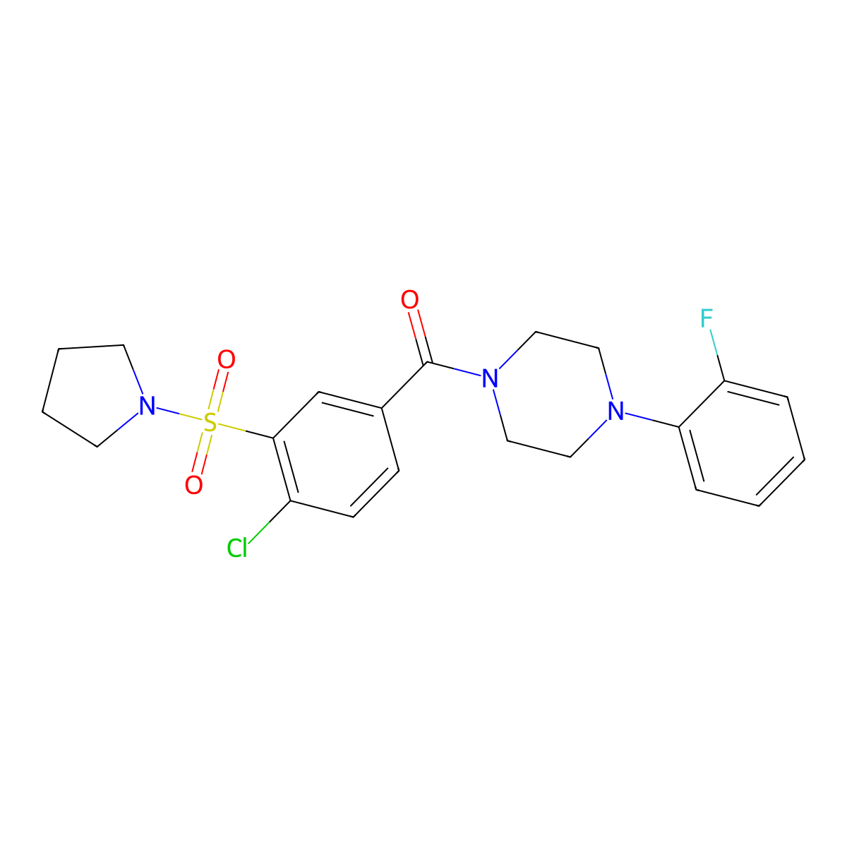 (4-Chloro-3-(pyrrolidin-1-ylsulfonyl)phenyl)(4-(2-fluorophenyl)piperazin-1-yl)methanone molecular structure, CAS 850473-66-4