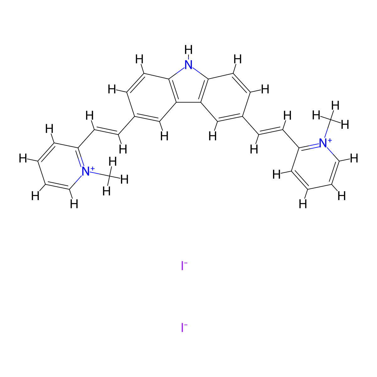 3,6-bis[(E)-2-(1-methylpyridin-1-ium-2-yl)ethenyl]-9H-carbazole diiodide molecular structure, CAS 850559-51-2
