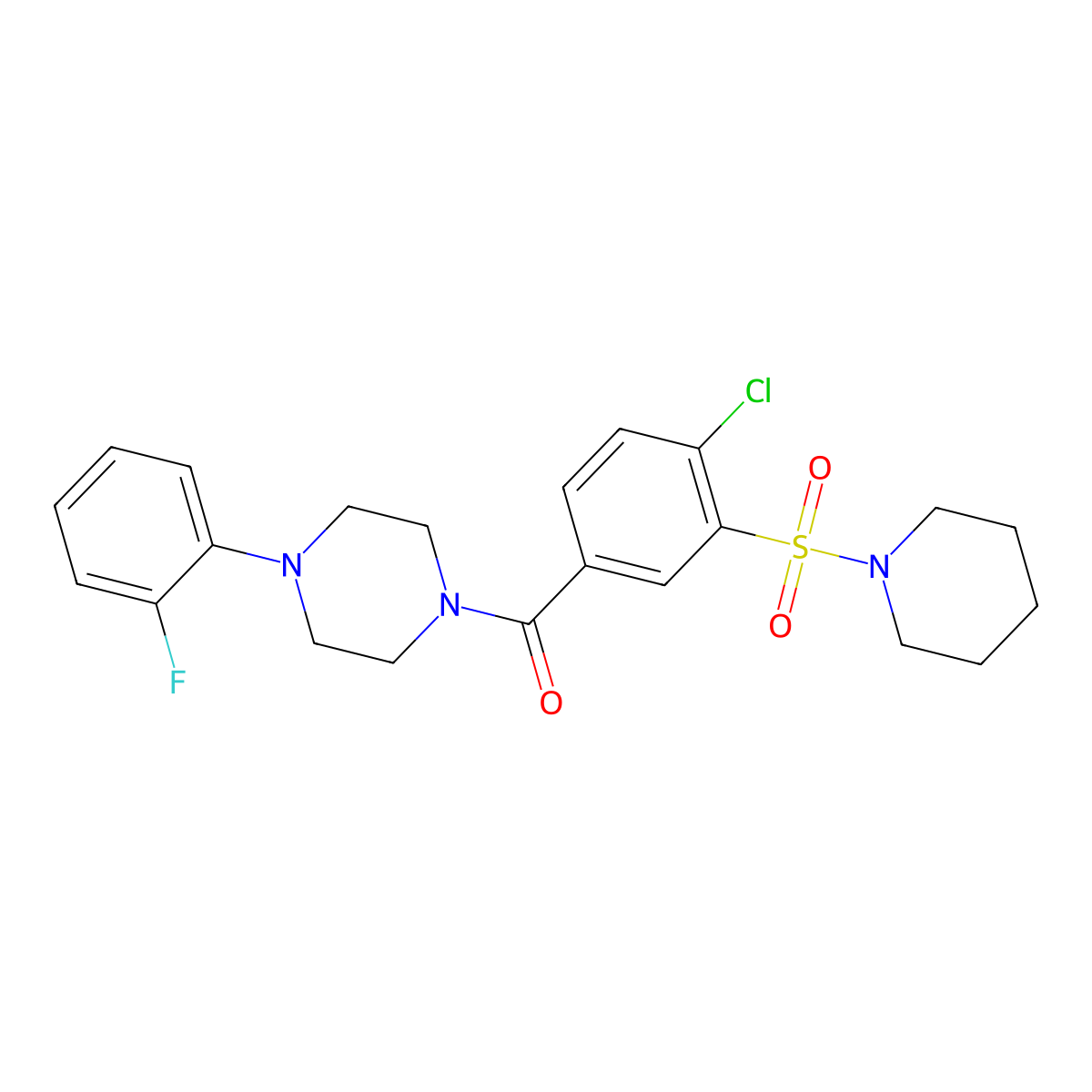(4-Chloro-3-(piperidin-1-ylsulfonyl)phenyl)(4-(2-fluorophenyl)piperazin-1-yl)methanone molecular structure, CAS 850625-80-8