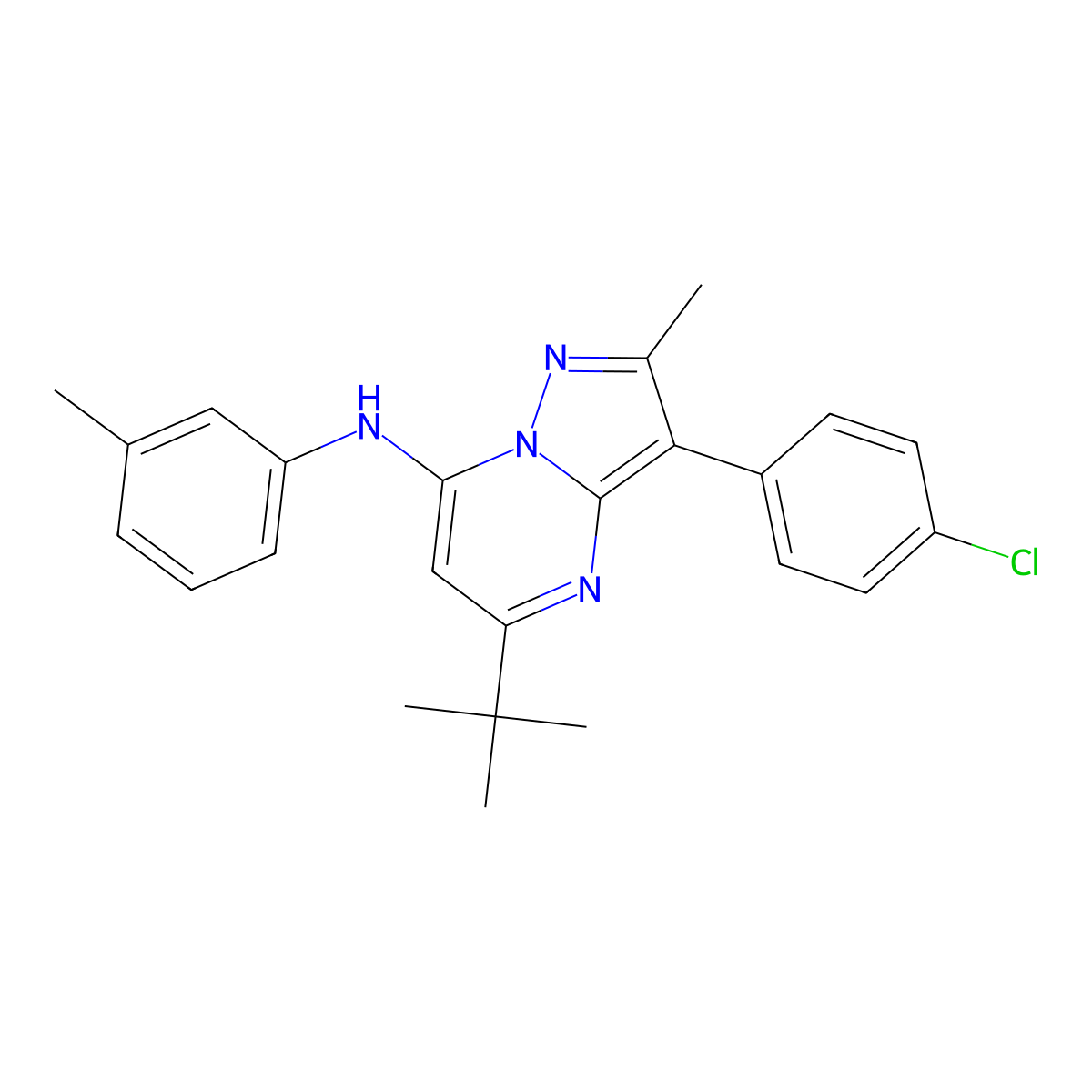 5-tert-butyl-3-(4-chlorophenyl)-2-methyl-N-(3-methylphenyl)pyrazolo[1,5-a]pyrimidin-7-amine molecular structure, CAS 850718-68-2