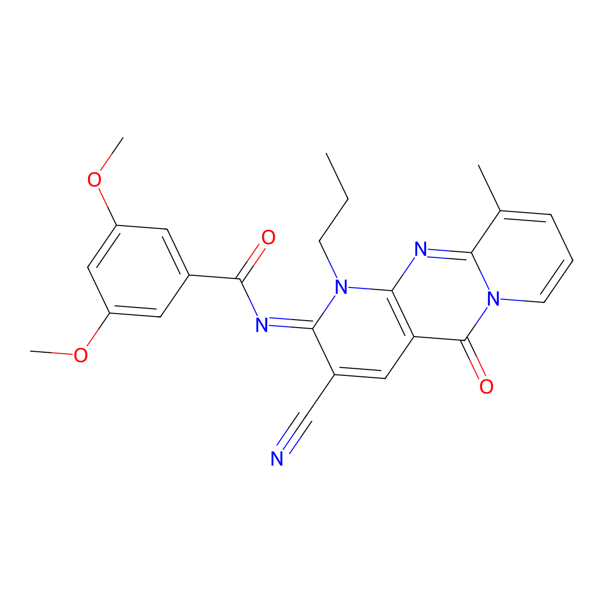 (E)-N-(3-cyano-10-methyl-5-oxo-1-propyl-1H-dipyrido[1,2-a:2',3'-d]pyrimidin-2(5H)-ylidene)-3,5-dimethoxybenzamide molecular structure, CAS 850718-70-6