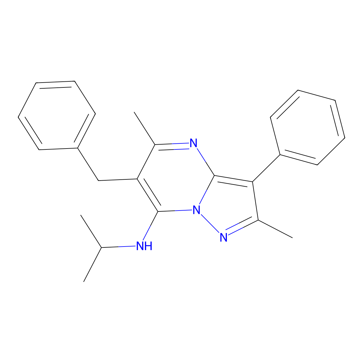 6-benzyl-2,5-dimethyl-3-phenyl-N-(propan-2-yl)pyrazolo[1,5-a]pyrimidin-7-amine molecular structure, CAS 850719-06-1