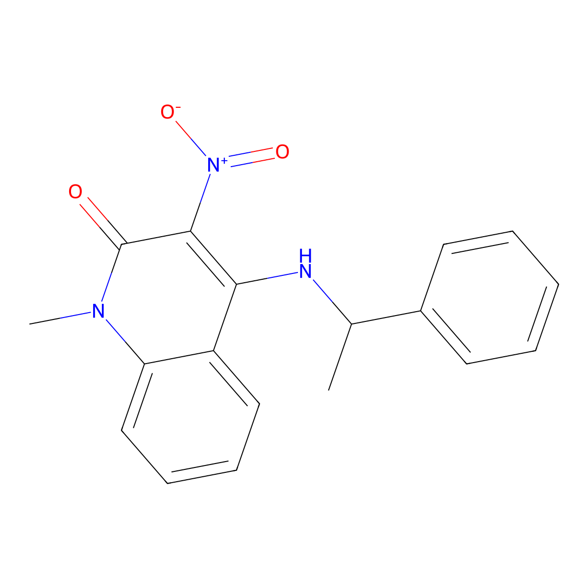 1-methyl-3-nitro-4-((1-phenylethyl)amino)quinolin-2(1H)-one molecular structure, CAS 850719-57-2