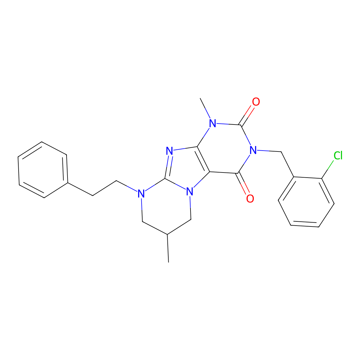 3-[(2-chlorophenyl)methyl]-1,7-dimethyl-9-(2-phenylethyl)-1H,2H,3H,4H,6H,7H,8H,9H-pyrimido[1,2-g]purine-2,4-dione molecular structure, CAS 850720-29-5