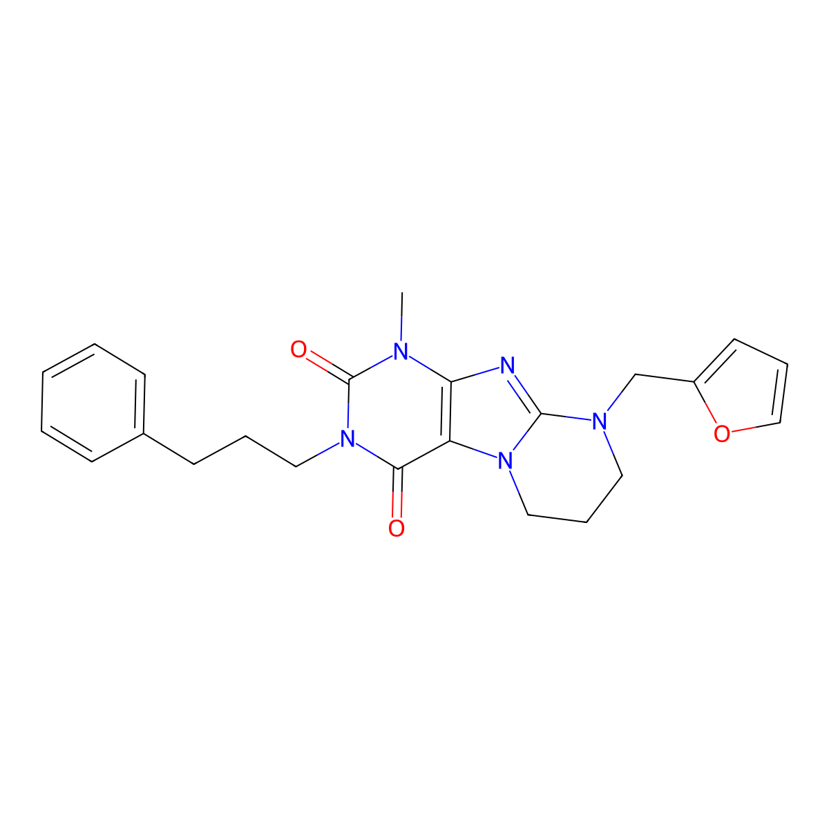 9-(furan-2-ylmethyl)-1-methyl-3-(3-phenylpropyl)-6,7,8,9-tetrahydropyrimido[2,1-f]purine-2,4(1H,3H)-dione molecular structure, CAS 850720-37-5