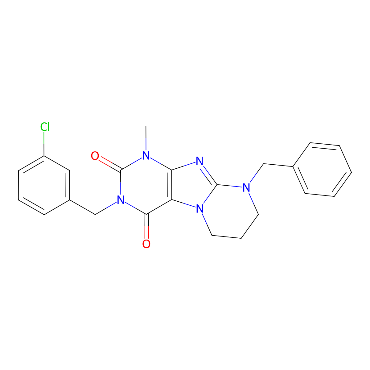 9-benzyl-3-[(3-chlorophenyl)methyl]-1-methyl-7,8-dihydro-6H-purino[7,8-a]pyrimidine-2,4-dione molecular structure, CAS 850720-45-5