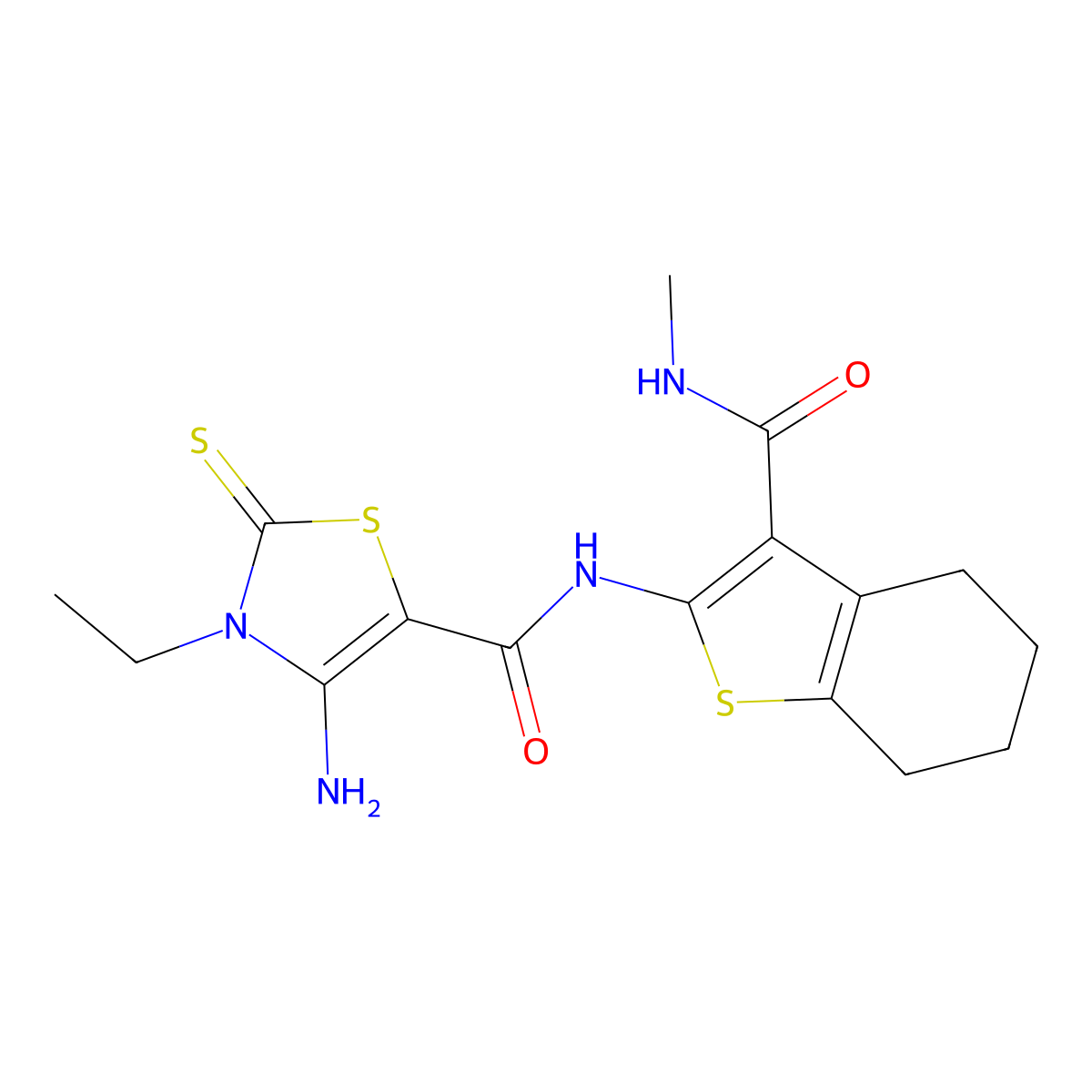 4-amino-3-ethyl-N-[3-(methylcarbamoyl)-4,5,6,7-tetrahydro-1-benzothiophen-2-yl]-2-thioxo-2,3-dihydro-1,3-thiazole-5-carboxamide molecular structure, CAS 850720-98-8