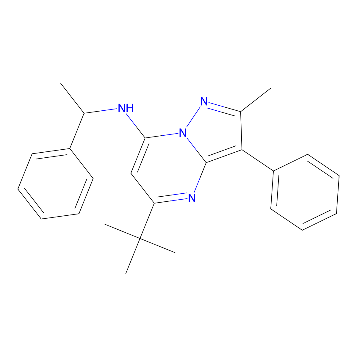 5-tert-butyl-2-methyl-3-phenyl-N-(1-phenylethyl)pyrazolo[1,5-a]pyrimidin-7-amine molecular structure, CAS 850721-58-3