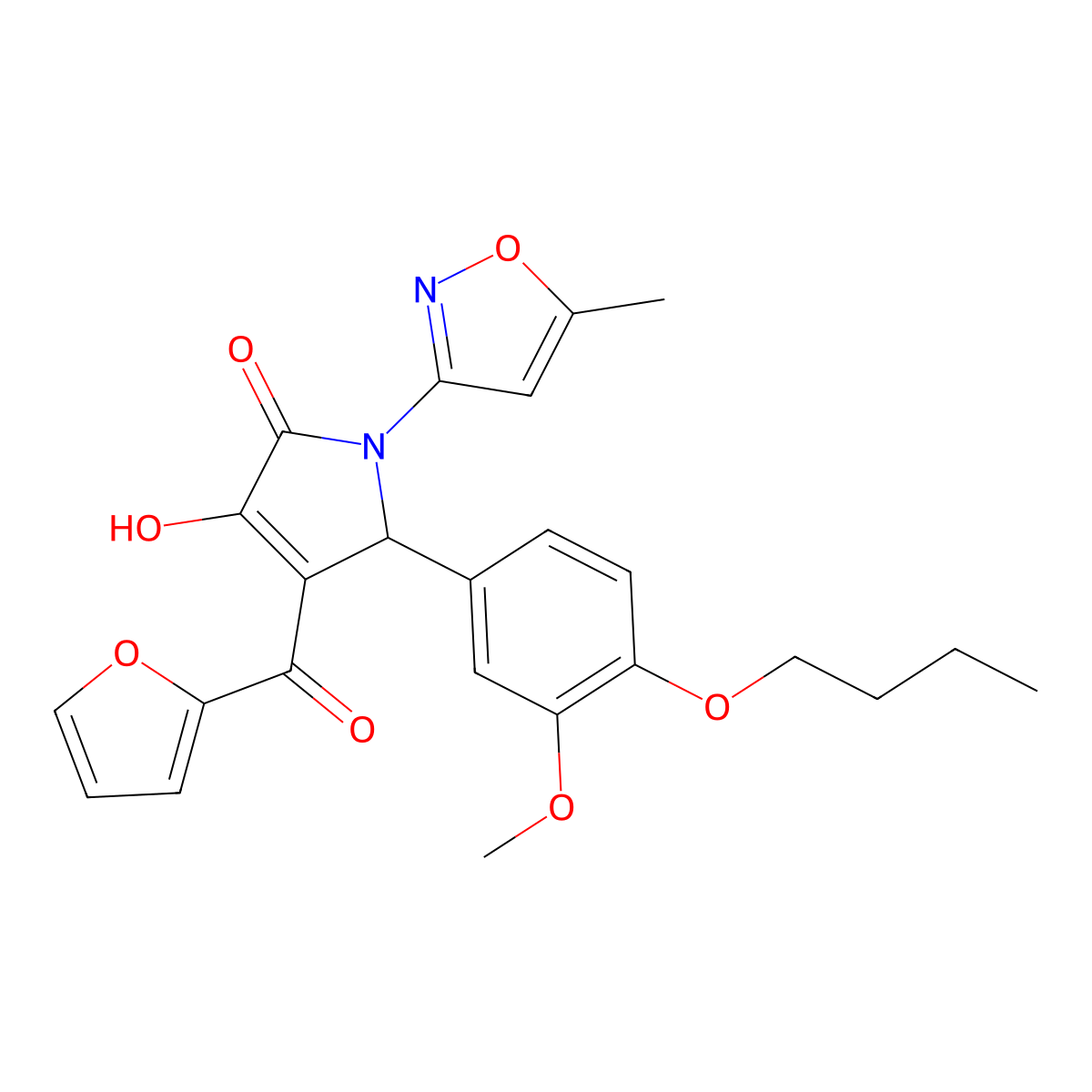 (4E)-5-(4-butoxy-3-methoxyphenyl)-4-[furan-2-yl(hydroxy)methylidene]-1-(5-methyl-1,2-oxazol-3-yl)pyrrolidine-2,3-dione molecular structure, CAS 850721-60-7