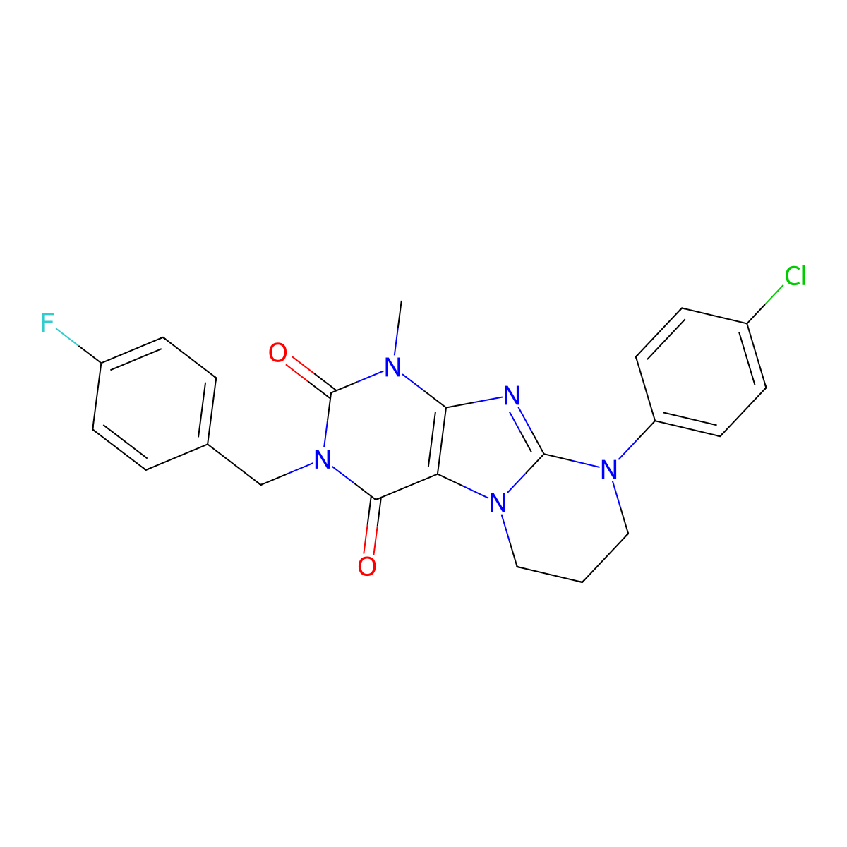 9-(4-chlorophenyl)-3-[(4-fluorophenyl)methyl]-1-methyl-7,8-dihydro-6H-purino[7,8-a]pyrimidine-2,4-dione molecular structure, CAS 850722-37-1