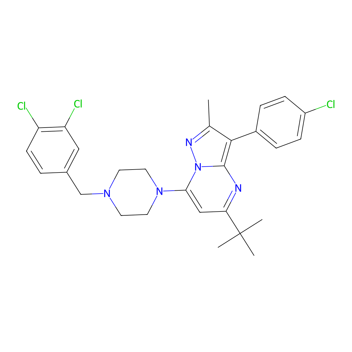 5-Tert-butyl-3-(4-chlorophenyl)-7-[4-(3,4-dichlorobenzyl)piperazin-1-yl]-2-methylpyrazolo[1,5-a]pyrimidine molecular structure, CAS 850729-03-2