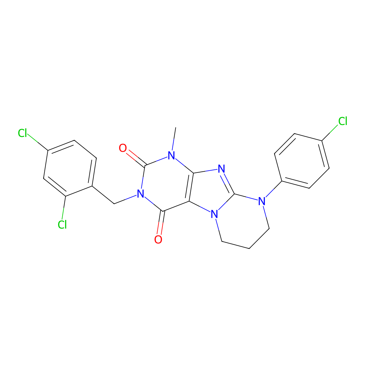 9-(4-chlorophenyl)-3-[(2,4-dichlorophenyl)methyl]-1-methyl-7,8-dihydro-6H-purino[7,8-a]pyrimidine-2,4-dione molecular structure, CAS 850729-86-1
