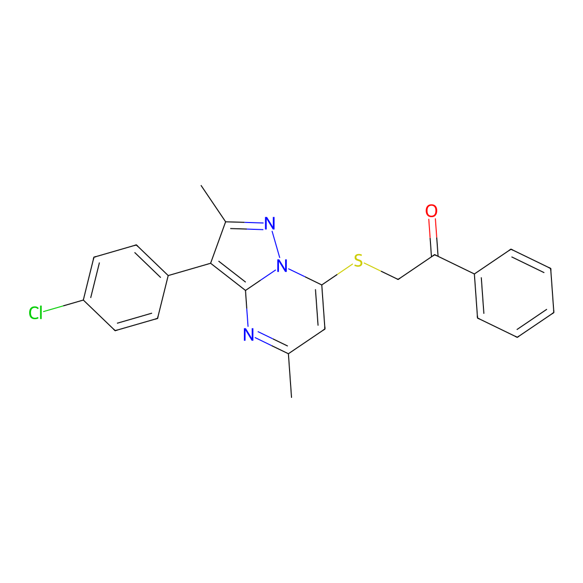 2-{[3-(4-Chlorophenyl)-2,5-dimethylpyrazolo[1,5-a]pyrimidin-7-yl]sulfanyl}-1-phenylethanone molecular structure, CAS 850729-92-9