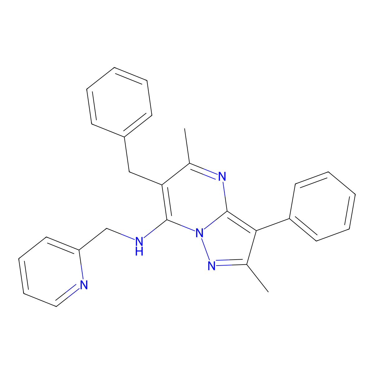 6-benzyl-2,5-dimethyl-3-phenyl-N-(pyridin-2-ylmethyl)pyrazolo[1,5-a]pyrimidin-7-amine molecular structure, CAS 850730-64-2