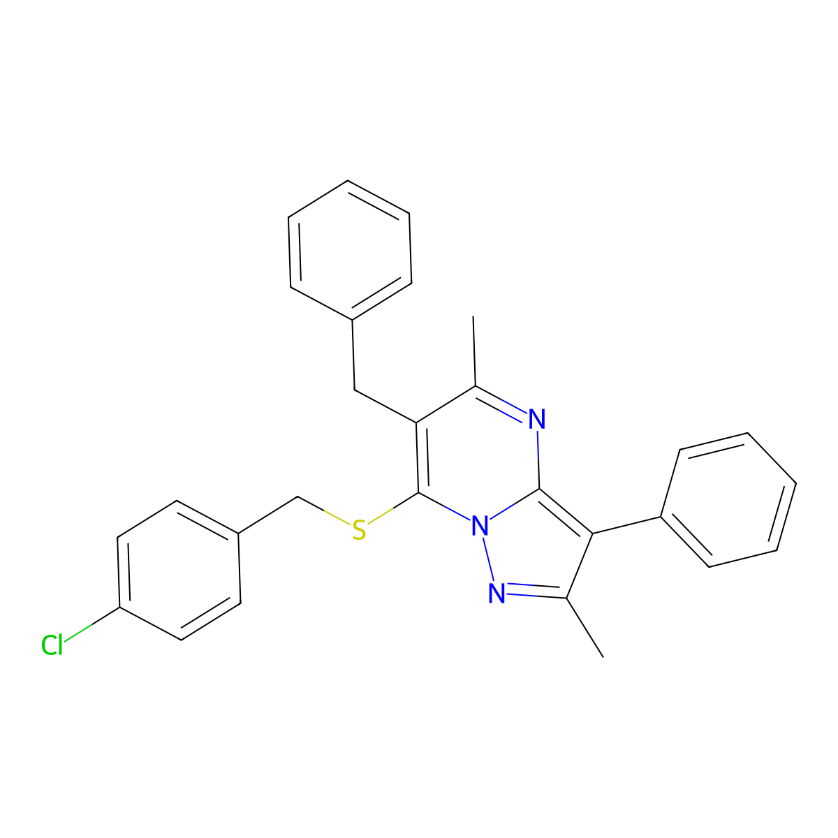 6-Benzyl-7-[(4-chlorobenzyl)sulfanyl]-2,5-dimethyl-3-phenylpyrazolo[1,5-a]pyrimidine molecular structure, CAS 850731-16-7