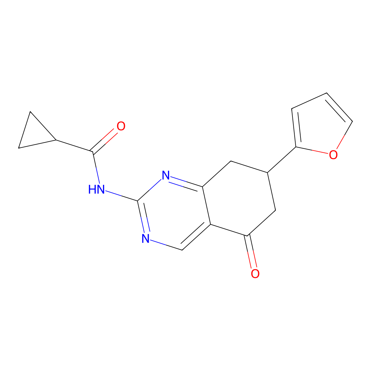 N-(7-(furan-2-yl)-5-oxo-5,6,7,8-tetrahydroquinazolin-2-yl)cyclopropanecarboxamide molecular structure, CAS 850731-18-9