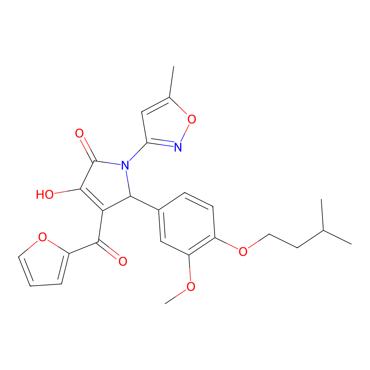 4-(2-furoyl)-3-hydroxy-5-[4-(isopentyloxy)-3-methoxyphenyl]-1-(5-methyl-3-isoxazolyl)-1,5-dihydro-2H-pyrrol-2-one molecular structure, CAS 850731-25-8