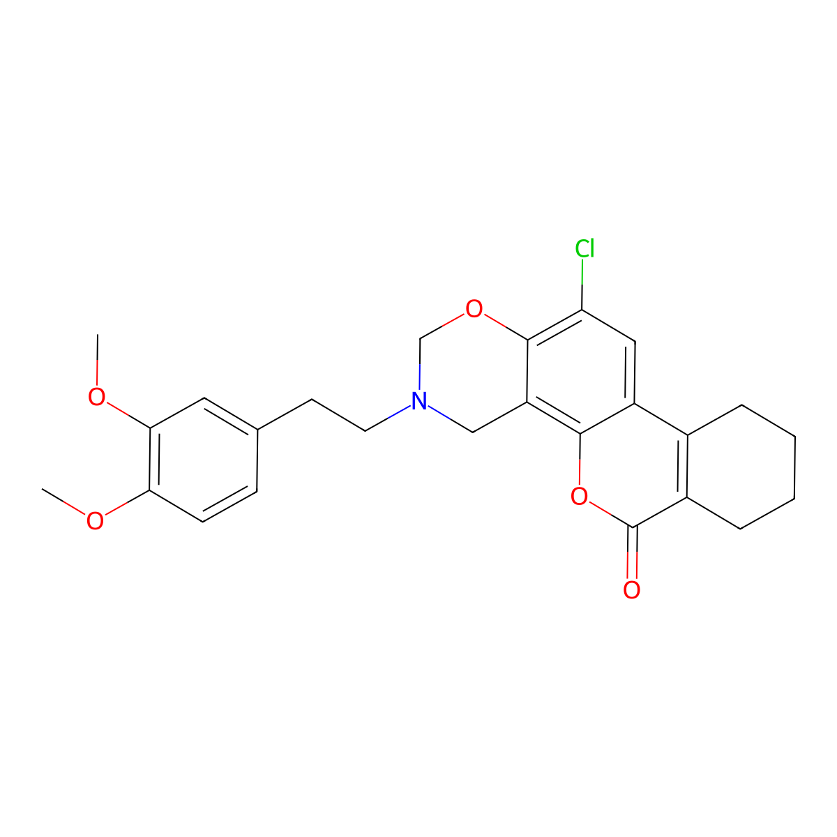 12-chloro-3-[2-(3,4-dimethoxyphenyl)ethyl]-3,4,7,8,9,10-hexahydro-2H,6H-benzo[3,4]chromeno[8,7-e][1,3]oxazin-6-one molecular structure, CAS 850732-01-3