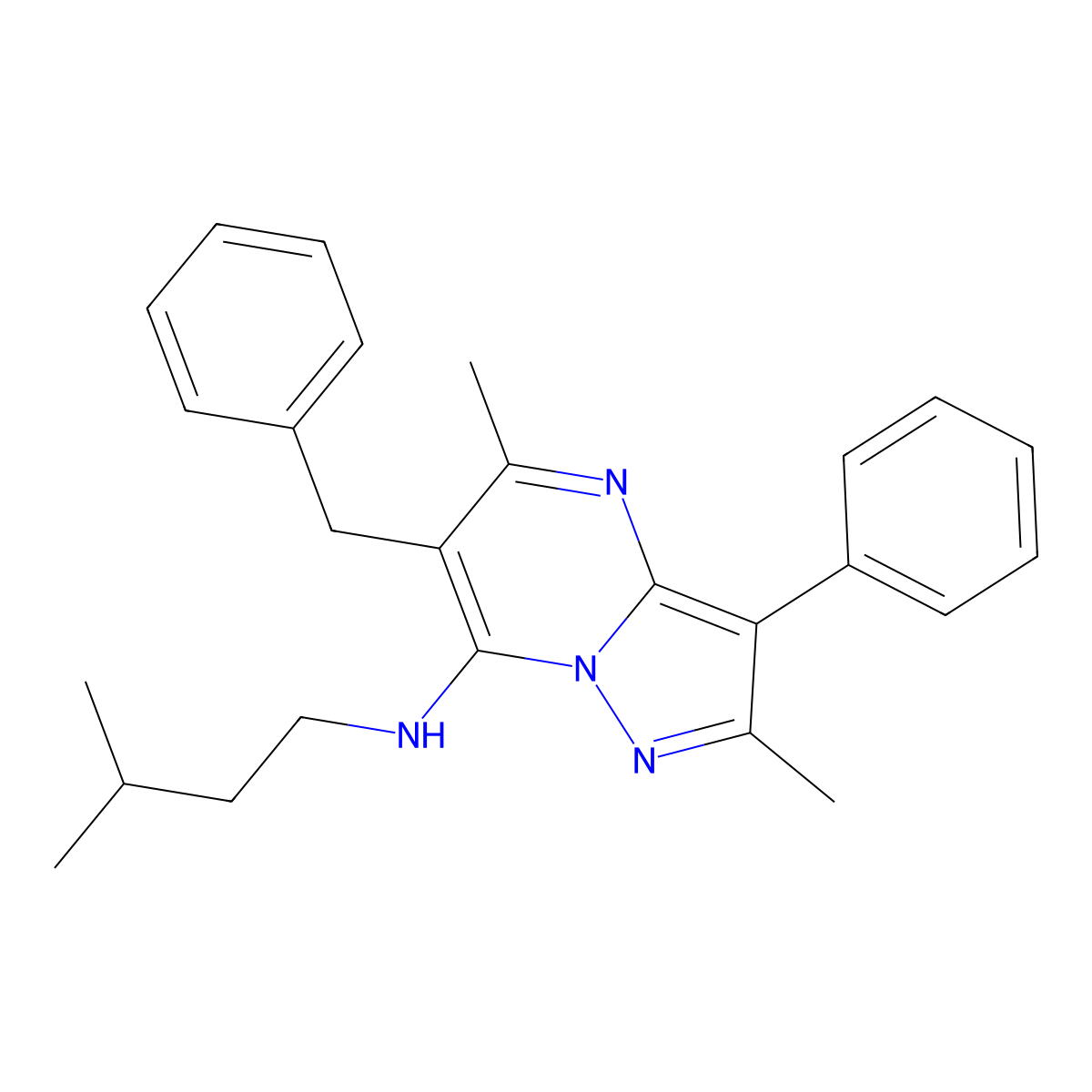 6-benzyl-2,5-dimethyl-N-(3-methylbutyl)-3-phenylpyrazolo[1,5-a]pyrimidin-7-amine molecular structure, CAS 850732-09-1