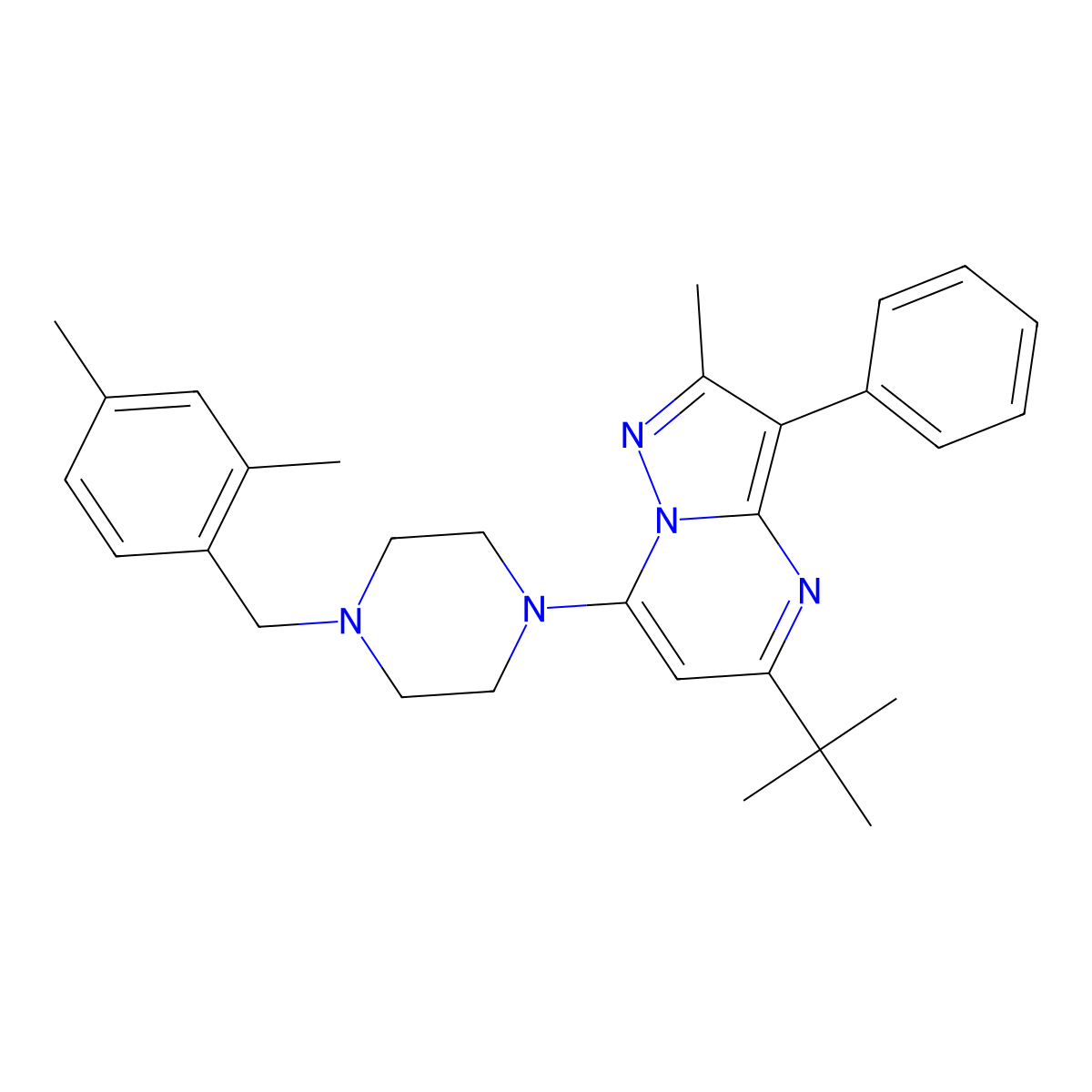 5-(Tert-butyl)-7-{4-[(2,4-dimethylphenyl)methyl]piperazinyl}-2-methyl-3-phenyl-8-hydropyrazolo[1,5-a]pyrimidine molecular structure, CAS 850735-87-4