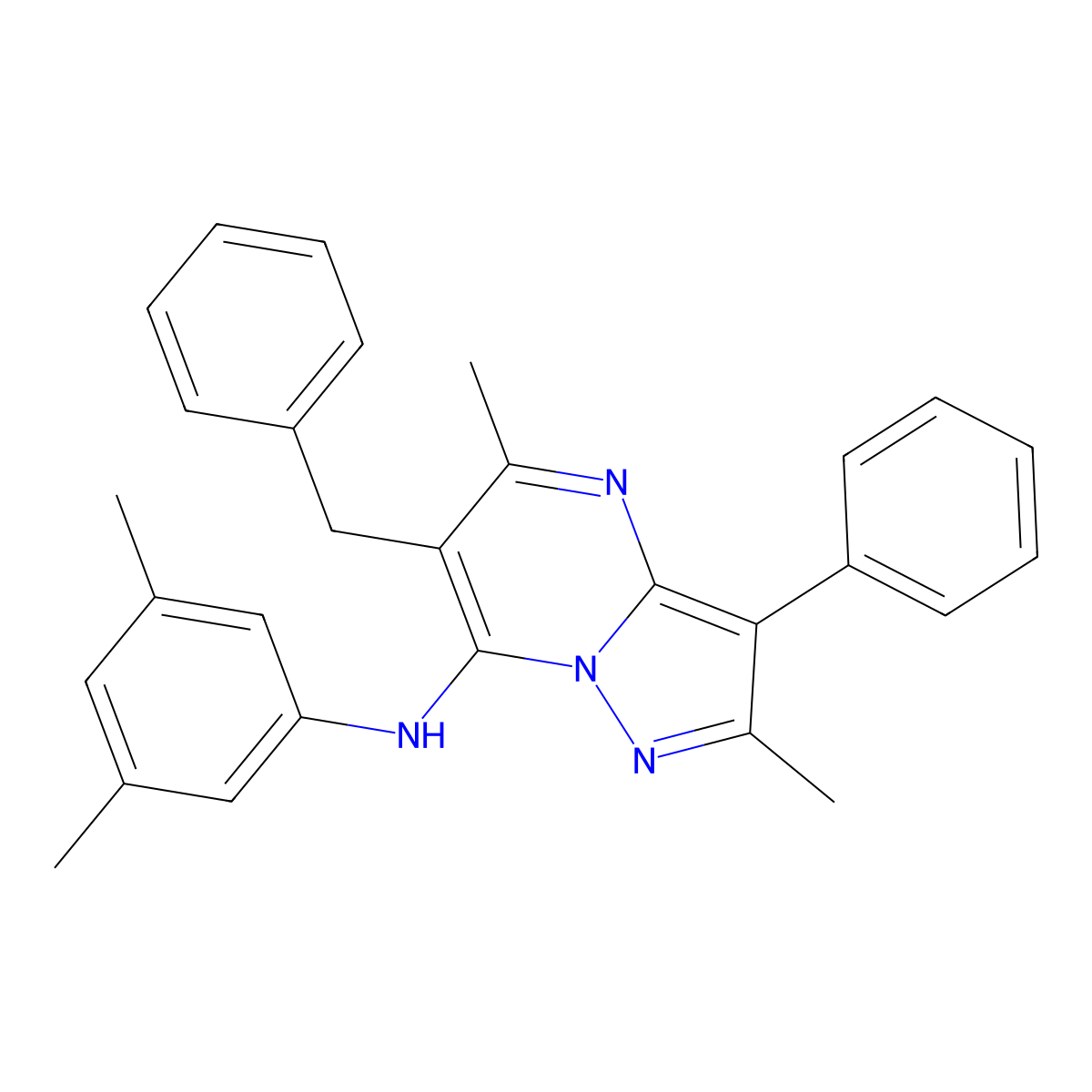 6-benzyl-N-(3,5-dimethylphenyl)-2,5-dimethyl-3-phenylpyrazolo[1,5-a]pyrimidin-7-amine molecular structure, CAS 850736-29-7