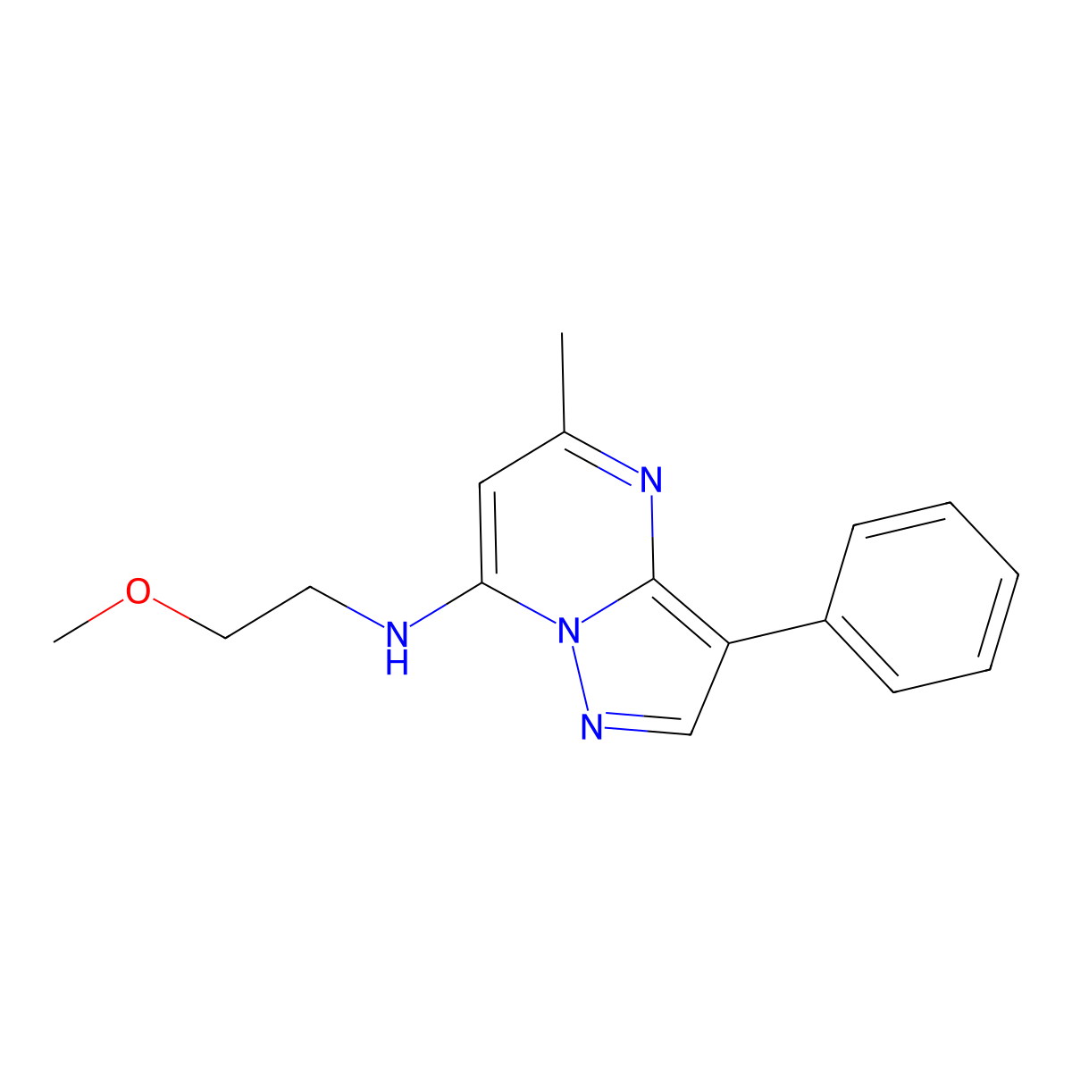 N-(2-methoxyethyl)-5-methyl-3-phenylpyrazolo[1,5-a]pyrimidin-7-amine molecular structure, CAS 850736-46-8