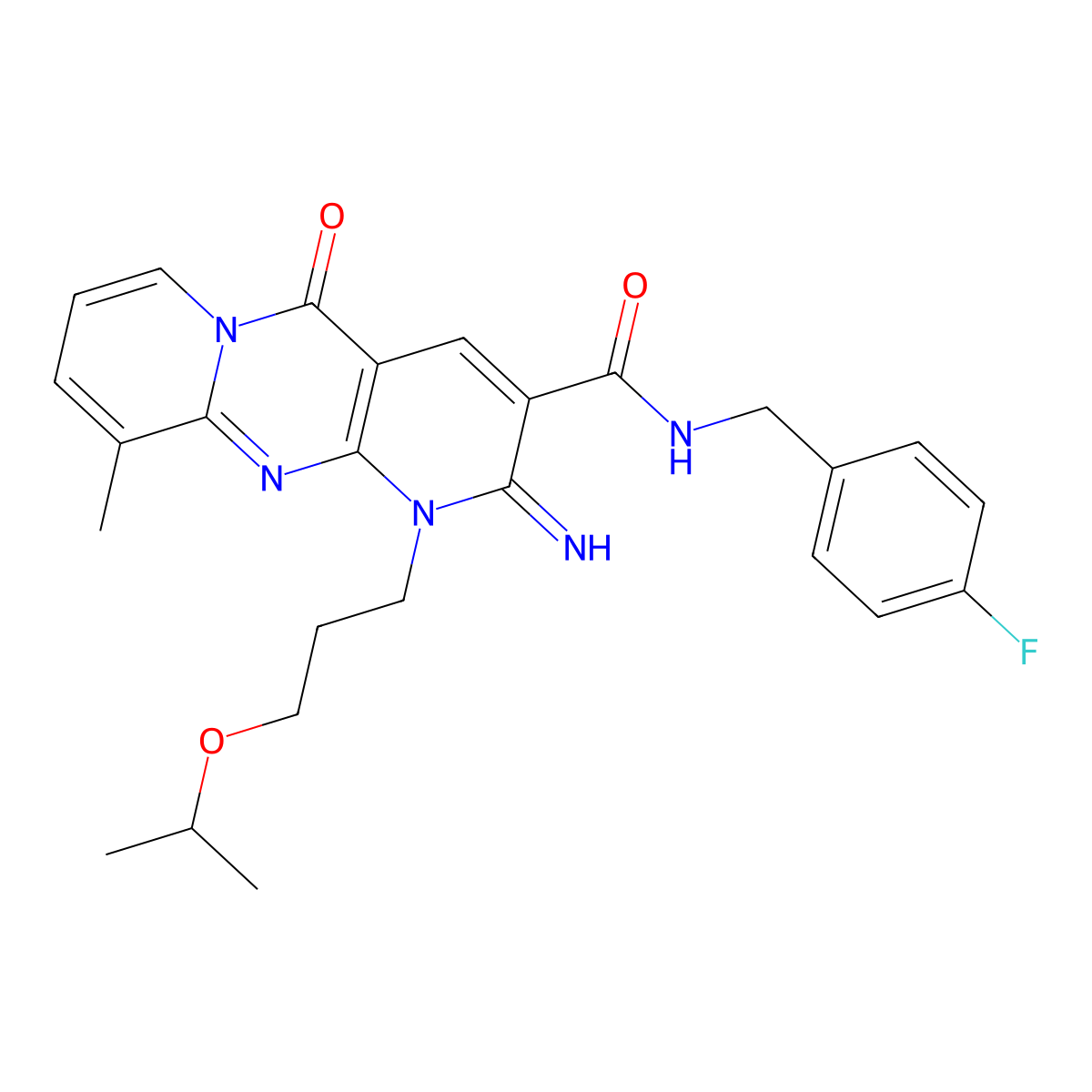N-[(4-fluorophenyl)methyl]-6-imino-11-methyl-2-oxo-7-[3-(propan-2-yloxy)propyl]-1,7,9-triazatricyclo[8.4.0.0^{3,8}]tetradeca-3(8),4,9,11,13-pentaene-5-carboxamide molecular structure, CAS 850737-08-5