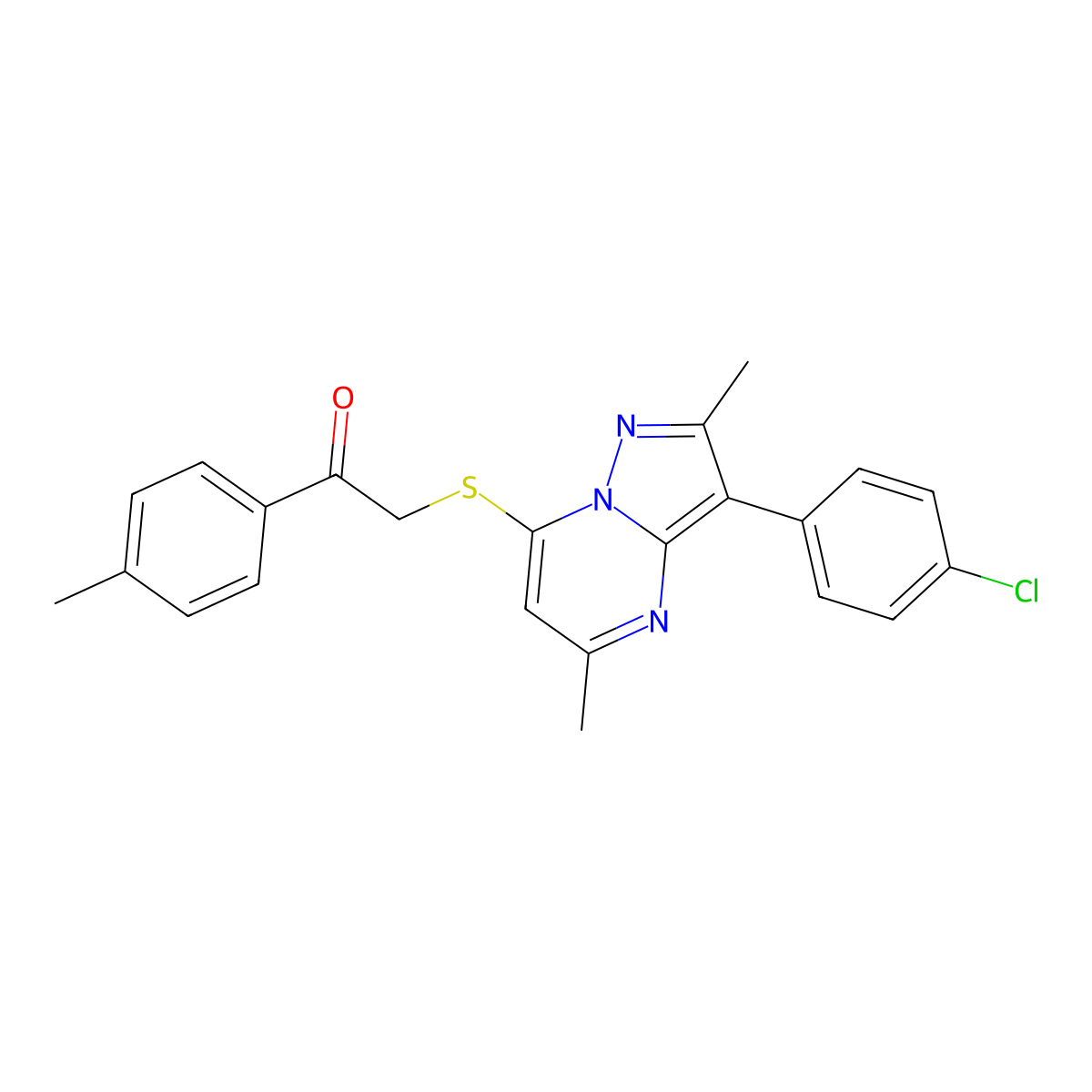 2-{[3-(4-Chlorophenyl)-2,5-dimethylpyrazolo[1,5-a]pyrimidin-7-yl]sulfanyl}-1-(4-methylphenyl)ethanone molecular structure, CAS 850738-14-6