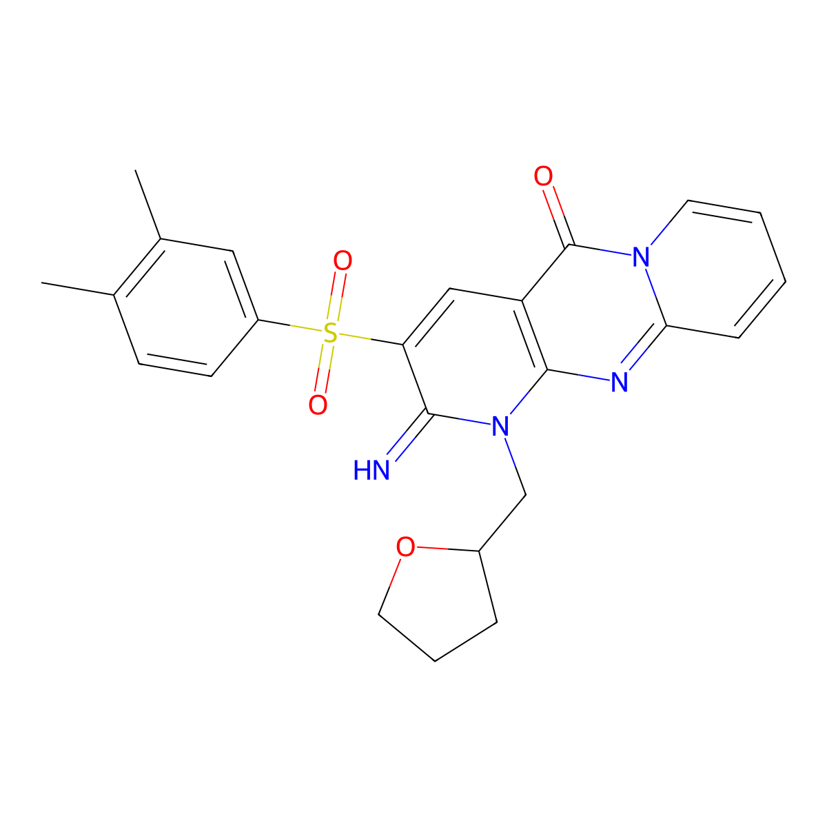 3-(3,4-Dimethylphenyl)sulfonyl-2-imino-1-(tetrahydrofurfuryl)dipyrido[1,2-d:3'',4''-f]pyrimidin-5-one molecular structure, CAS 850738-63-5