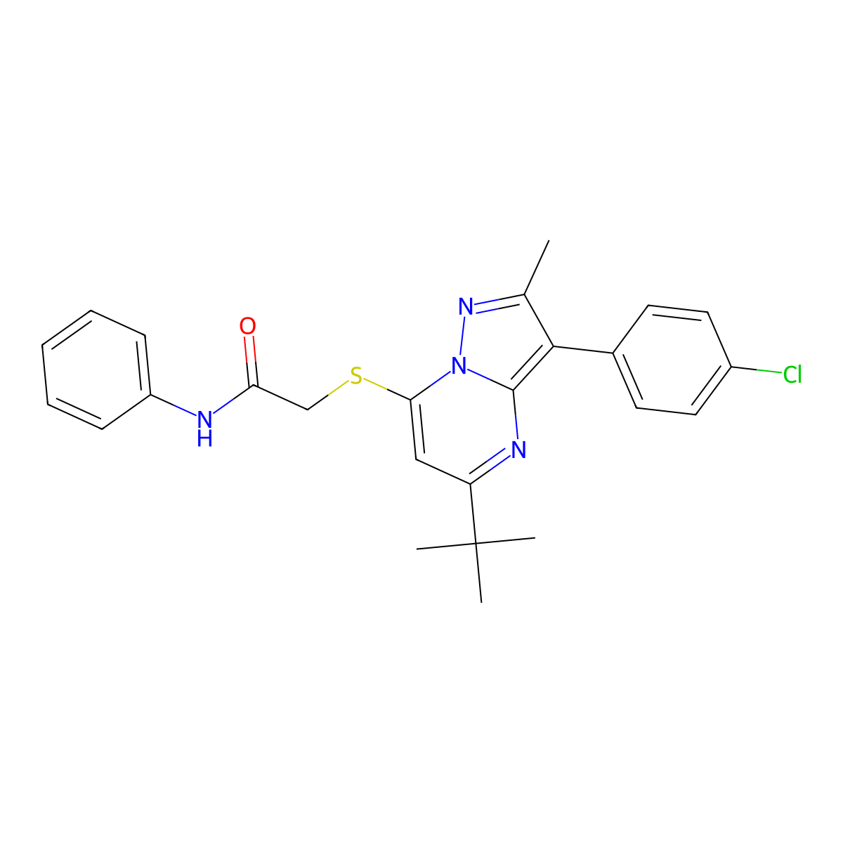 2-{[5-tert-butyl-3-(4-chlorophenyl)-2-methylpyrazolo[1,5-a]pyrimidin-7-yl]sulfanyl}-N-phenylacetamide molecular structure, CAS 850738-78-2