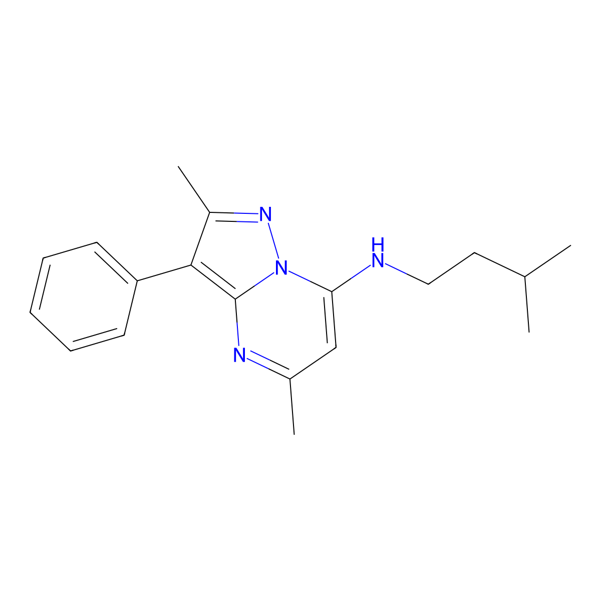 2,5-dimethyl-N-(3-methylbutyl)-3-phenylpyrazolo[1,5-a]pyrimidin-7-amine molecular structure, CAS 850743-18-9