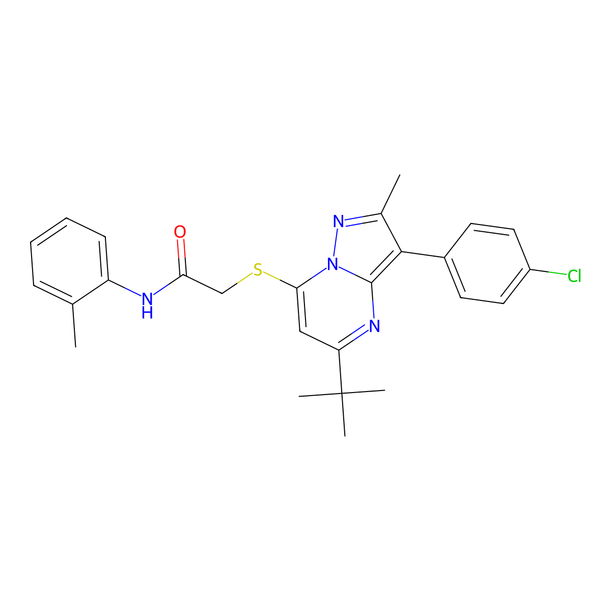 2-{[5-tert-butyl-3-(4-chlorophenyl)-2-methylpyrazolo[1,5-a]pyrimidin-7-yl]sulfanyl}-N-(2-methylphenyl)acetamide molecular structure, CAS 850743-31-6