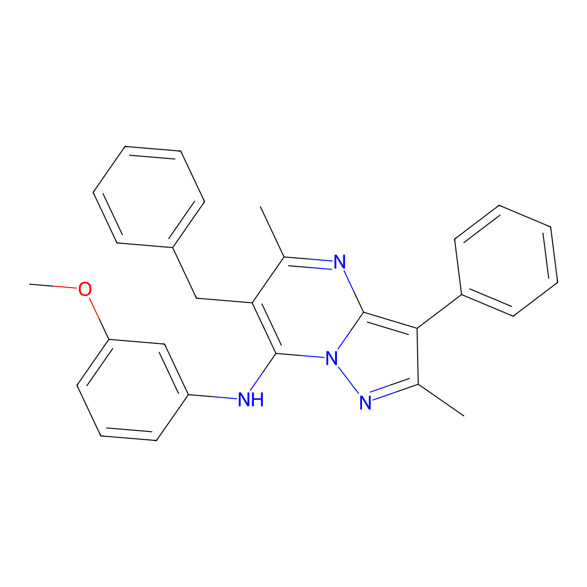 6-benzyl-N-(3-methoxyphenyl)-2,5-dimethyl-3-phenylpyrazolo[1,5-a]pyrimidin-7-amine molecular structure, CAS 850743-52-1