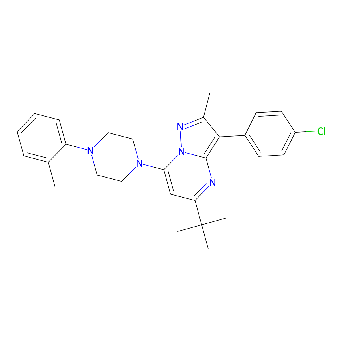 5-Tert-butyl-3-(4-chlorophenyl)-2-methyl-7-[4-(2-methylphenyl)piperazin-1-yl]pyrazolo[1,5-a]pyrimidine molecular structure, CAS 850743-79-2