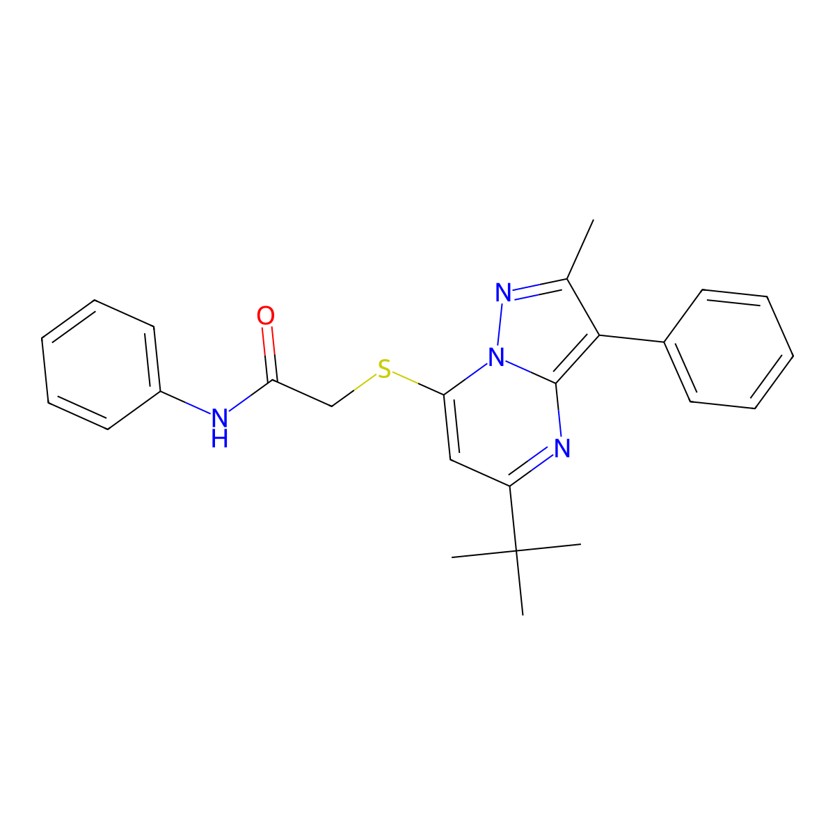 2-[(5-tert-butyl-2-methyl-3-phenylpyrazolo[1,5-a]pyrimidin-7-yl)sulfanyl]-N-phenylacetamide molecular structure, CAS 850744-66-0