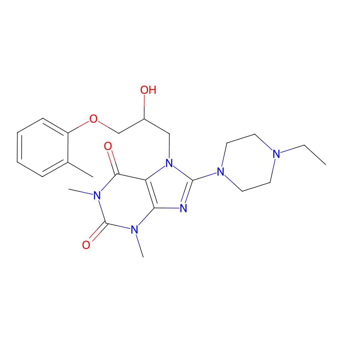 8-(4-ethylpiperazin-1-yl)-7-(2-hydroxy-3-(o-tolyloxy)propyl)-1,3-dimethyl-1H-purine-2,6(3H,7H)-dione molecular structure, CAS 850744-95-5